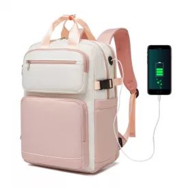   Miss Lulu London BPK2530 - Kono Geräumiger, wasserabweisender Laptop-hátizsák  Reisen és Pendeln - Gepolsterter Laptop-Fach  15,6", Reflektorstreifen - bézs és rózsaszín