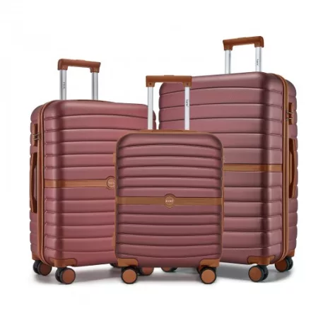 Miss Lulu London KSK2592 - Kono 3-darabos Hartschalengepäckset  ABS+PC  Streifendesign és Farbblockdetails,  Spinnerrädern - Burgunderrot és barna
