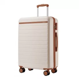   Miss Lulu London KSK2584 - Kono Kratzerresistente 28-Zoll Hartschalenreisetasche  horizontalem Streifendesign, braunen Akzenten és Spinner-Rädern - Creme és barna