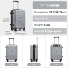 Miss Lulu London KSK2595 - Kono 20/24-Zoll-Hartschale-karcolásálló PP-bőrönd szett  Becherhalter, TSA-zár & ausziehbarem Design - szürke