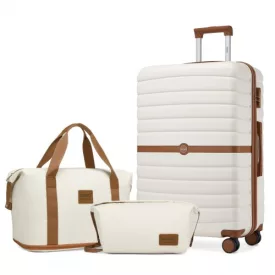   Miss Lulu London DE-SET2592/2212-2617 - Kono 28 colos ABS+PC kemény héjú bőröndszett utazótáskával és kozmetikai táskával - Krém és barna