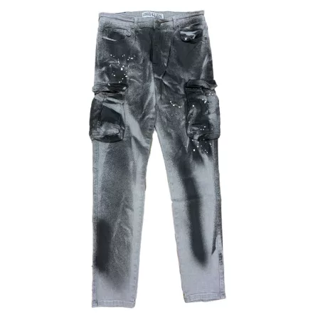 vsct Keanu férfi slim-fit cargo nadrág szakadt megjelenésű farmernadrág festékfröccsenésekkel D5643250 szürke Méret:W30_L32