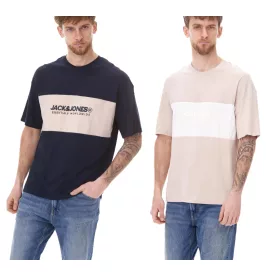   JACK & JONES férfi kerek nyakú póló, pamut póló, T-shirt, rövid ujjú póló 12258883 bézs/fehér vagy sötétkék/bézs Méret:M