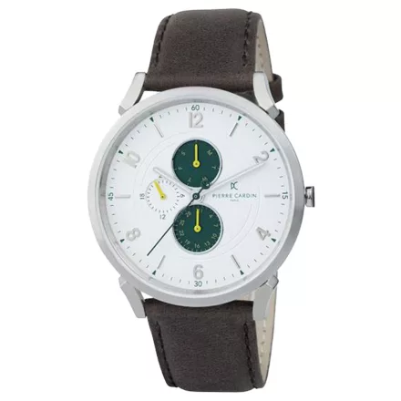 Pierre Cardin férfi karóra  több-számlap analóg Quartz óra karóra  bőr szíj 3ATM 44mm CPI.2057 ezüst/barna/zöld Méret: N