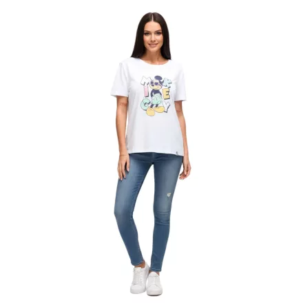 RE:COVERED X Disney Női fenntartható póló Mickey Mouse nyomattal pasztell színekben, pamut kerek nyakú póló RCDIF2072 Fehér Méret:M