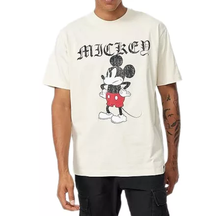 RE:fedett X Disney férfi póló  Grumpy Mickey Mouse Print, pamut Ing  nagyméretű Lettering, kerek nyakú, MMDIS2690 bézs Méret: L