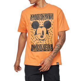   RE:fedett X Disney férfi póló  Trippy Mickey Mouse Print, pamut kerek nyakú Ing, MMDIS2680 narancssárga Méret: M