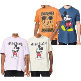   RE:fedett X Disney férfi póló  Grumpy Mickey Mouse Print. pamut póló  nagyméretű Lettering. kerek nyakú. bézs, kék, lila, vagy narancssárga. Méret: M