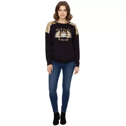 női hosszú-Sleeved Pulóver  karácsony minta, Sequined Ing, hosszú-újj Ing  csillogós Print 951384 fekete/arany Méret: 36_38