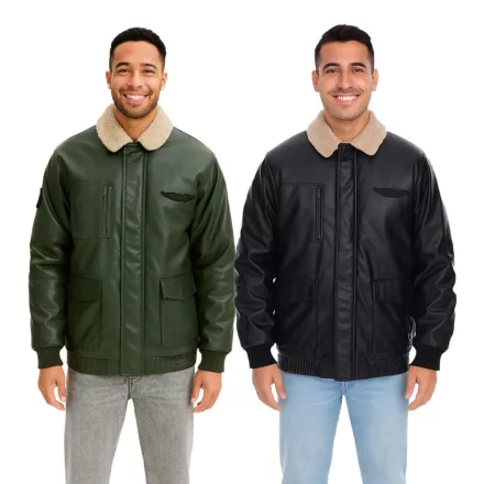 Férfi műbőr pilóta dzseki, stílusos kültéri dzseki teddy gallérral, olíva zöld vagy fekete színben Méret:58