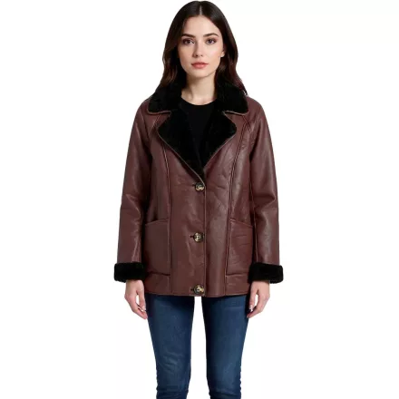 Sustainable női szintetikus bőr dzseki kabát Kabát  szintetikus Lambskin nyaklánc, túlméretezett dzseki kabát Kabát 950768 barna Méret: 46