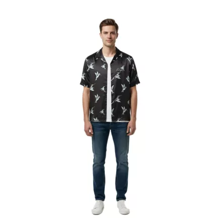 Rough férfi selyem Ing Hummingbird Luxurious nadrág-újj Ing Made of Pure selyem  All-Over Hummingbird Print fekete Méret: XL