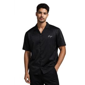   elegáns ROUGH. férfi nadrág-sleeved Ing in a szatén look  minimalist logo embroidery in fekete. Méret: M