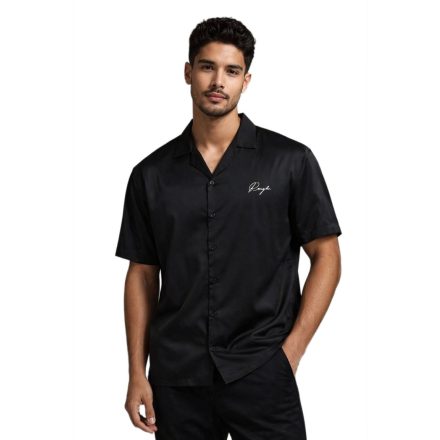 elegáns ROUGH. férfi nadrág-sleeved Ing in a szatén look  minimalist logo embroidery in fekete. Méret: S