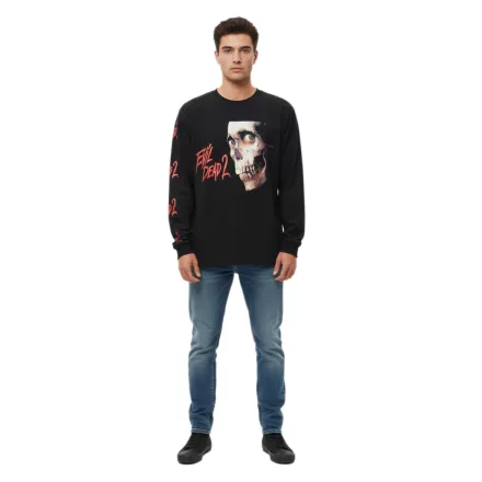 RE:COVERED X Studio Canal Evil Dead 2 Férfi hosszú ujjú póló horror arc mintával, pamut pulóver RCSTC115 Fekete Méret:XL