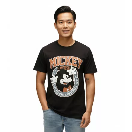 RE:fedett X Disney férfi póló Mickey Mouse the one és Only Print pamut kerek nyakú Ing RCDIF2051 fekete Méret: S