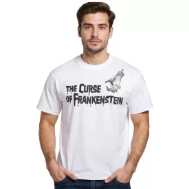   RE:COVERED X HAMMER Horror Férfi póló Frankenstein átka Pamut póló nagy hátsó nyomattal, legénységi nyakkal, RCSTC108 Fehér Méret:XL