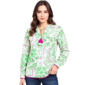   ZWILLINGSHERZ női Summer blúz, pamut hosszú-Sleeved Ing in a Mixed minta, 33214-70 zöld/rózsaszín/fehér Méret: L