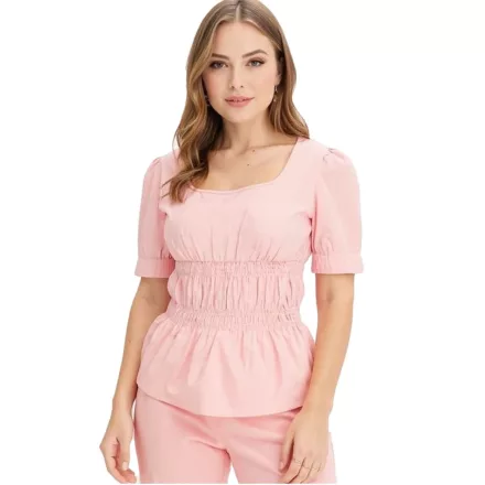 női Puff újj blúz, pamut blúz, Summer Top, rövid ujjú Ing, 963325 rózsaszín Méret: 42