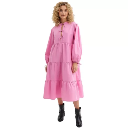 Széles szárú női midi ruha masnikkal, 100% pamutból, hosszú ujjú ruha 977645 Pink Méret:50