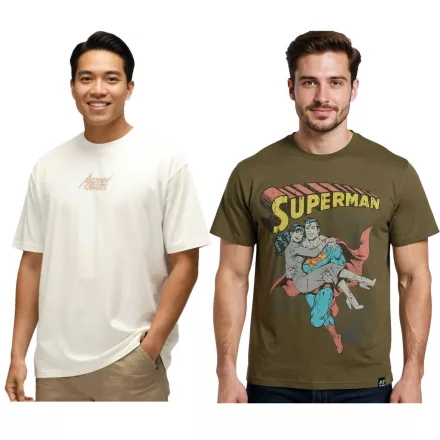 RE:fedett X SUPERMAN DC férfi póló  Comic Print, pamut kerek nyakú Ing RCWARN55 in ekrü-fehér vagy Khaki Méret: M