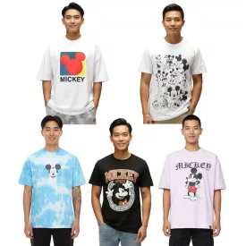   RE:fedett X Disney férfi póló  Various Styles és Mickey Mouse Prints, kerek nyak pamut póló in fehér, fekete, lila, és kék Méret: S