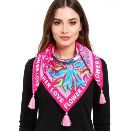 ZWILLINGSHERZ Flower Love Négyszögletű sál retro virágokkal, Divatsál 3016Q-2907-4 Rózsaszín/Türkiz/Többszínű Méret:N