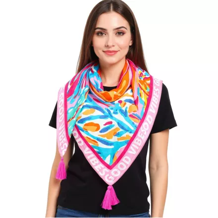 ZWILLINGSHERZ Coral Reef Négyszögletű sál korallokkal és Good Vibes mintával, Divatsál 3016Q-2907-21 Rózsaszín/Többszínű Méret:N