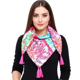   ZWILLINGSHERZ Hawaiian Flower szögletes sál  virágos és Ornaments divat sál 3016Q-2907-90 rózsaszín/kék/Multicolored Méret: N