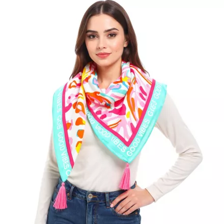 ZWILLINGSHERZ virágos Dream szögletes sál  virágos és Good Vibes Only Print divat sál 3016Q-0208-21 rózsaszín/türkiz/Multicolored Méret: N