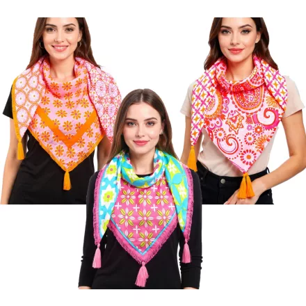 ZWILLINGSHERZ szögletes sál  virágos és Ornaments divat sál 3016Q türkiz/rózsaszín/színes, narancssárga/rózsaszín, vagy narancssárga/színes Méret: N