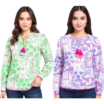 ZWILLINGSHERZ pamut blúz nőknek - Summer blúz  All-Over Paisley minta 33214 kék/rózsaszín/fehér vagy zöld/rózsaszín/fehér Méret: L