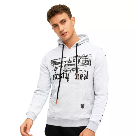 Trendy férfi pulóver  bold első print. Hooded pulóver  kangaroo zseb. Pulóver 19138 szürke Méret: 3XL
