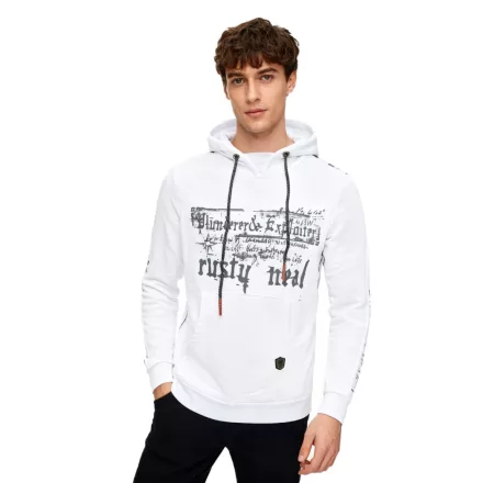 Trendy férfi pulóver  bold első print. Hooded pulóver  kangaroo zseb. Pulóver 19138 fehér Méret: 3XL