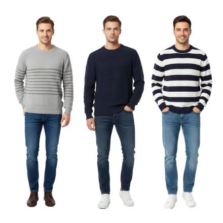 stílusos ESPRIT férfi kötött Pulóver  csíkok vagy Wave minta, kerek nyakú, pamut Pulóver, sötét kék/fehér, szürke, vagy kék Méret: M