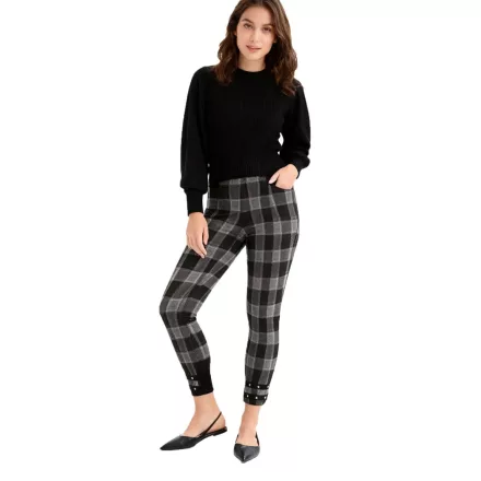 lágy női Jeggings, Checkered Bootcut Nadrág  díszgomb, Skinny Fit, 926776 szürke/fekete/arany/barna Méret: 32_34