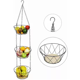   The Rombs Hanging Fruit Basket - Practical Kitchen Tiered Tray for Fruits és Vegetables  3 Baskets (-ig 15kg) - Wood/fekete Méret: N