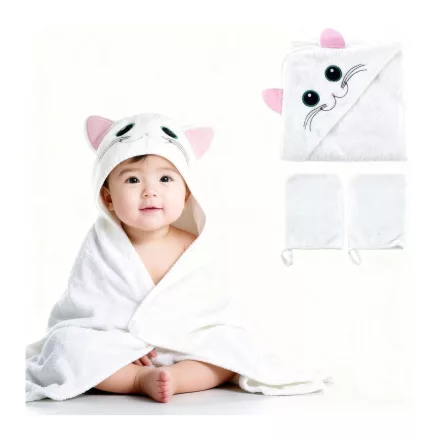lágy és cuddly bloomborn baby fürdő towel szett: hooded towel  cat motif, includes 2 washcloths, pamut fürdő towel 75 x 75 cm, fehér Méret: N