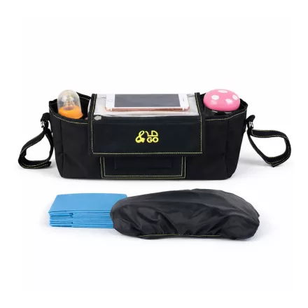 &GO Stroller Organizer incl. 5 Changing Mats univerzális Buggy táska  átlátszó Smartphone zseb, Rain Cover, Cup tartó & Plenty of Storage Space fekete Méret: N