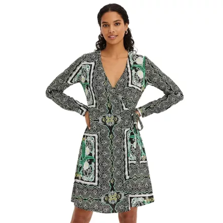 Nyári női mini wrap ruha paisley mintával 942167 Fekete/Zöld/Fehér Méret:46