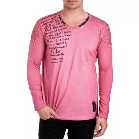   Trendy férfi hosszú-sleeved Ing, V-nyak, washed print design, vékony fit, 10117, sötét rózsaszín Méret: M