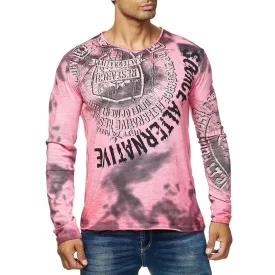    férfi hosszú-sleeved Ing, V-nyak, washed print design, vékony fit, 10135 korall Méret: 2XL