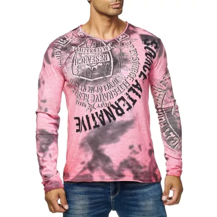  férfi hosszú-sleeved Ing, V-nyak, washed print design, vékony fit, 10135 korall Méret: 2XL