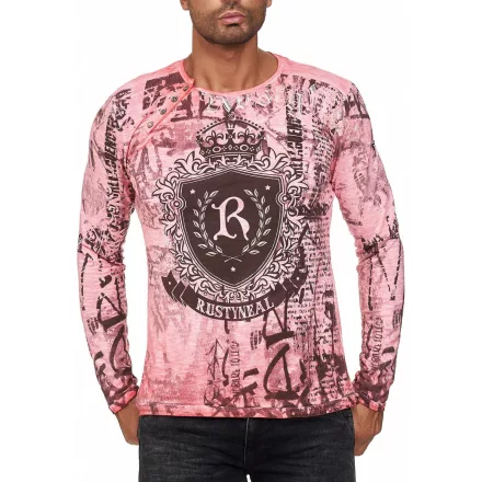 stílusos férfi hosszú-sleeved Ing, kerek nyakú, washed print design, vékony fit, 10142 korall Méret: M