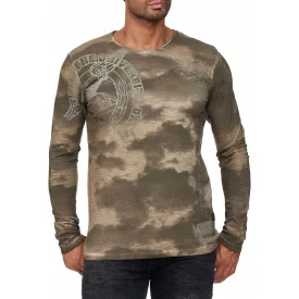   alkalmi férfi hosszú újj kerek nyakú Washed Print Design vékony Fit hosszú újj Ing 10144 Khaki Méret: M