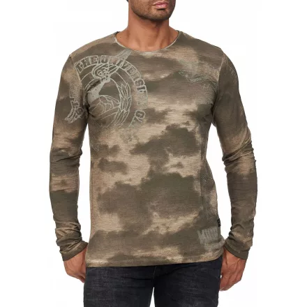 alkalmi férfi hosszú újj kerek nyakú Washed Print Design vékony Fit hosszú újj Ing 10144 Khaki Méret: S