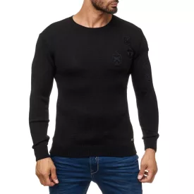   Trendy férfi kerek nyakú Pulóver  patches, kötött pulóver in military stílus 13297 fekete Méret: XL