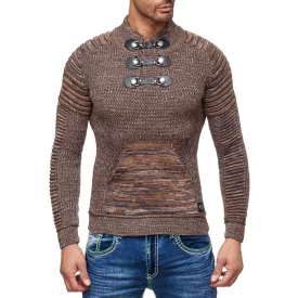    férfi chunky kötött Pulóver  tartó-up nyaklánc és nyaklánc kivitel. texturált kötött Pulóver 13299 Camel Méret: XL