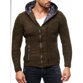   Modern férfi kötött dzseki kapucnival és aszimmetrikus cipzárral, biker megjelenés, kötött kapucnis pulóver 13302 Khaki Méret:XL