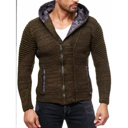 Modern férfi kötött dzseki kapucnival és aszimmetrikus cipzárral, biker megjelenés, kötött kapucnis pulóver 13302 Khaki Méret:XL